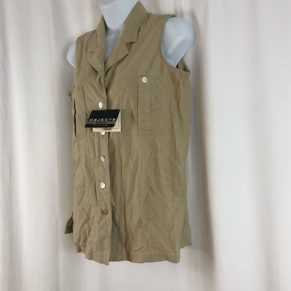 Objects Gold textured Silk button front collared sleeveless shirt pockets NWT S - Picture 3 of 15